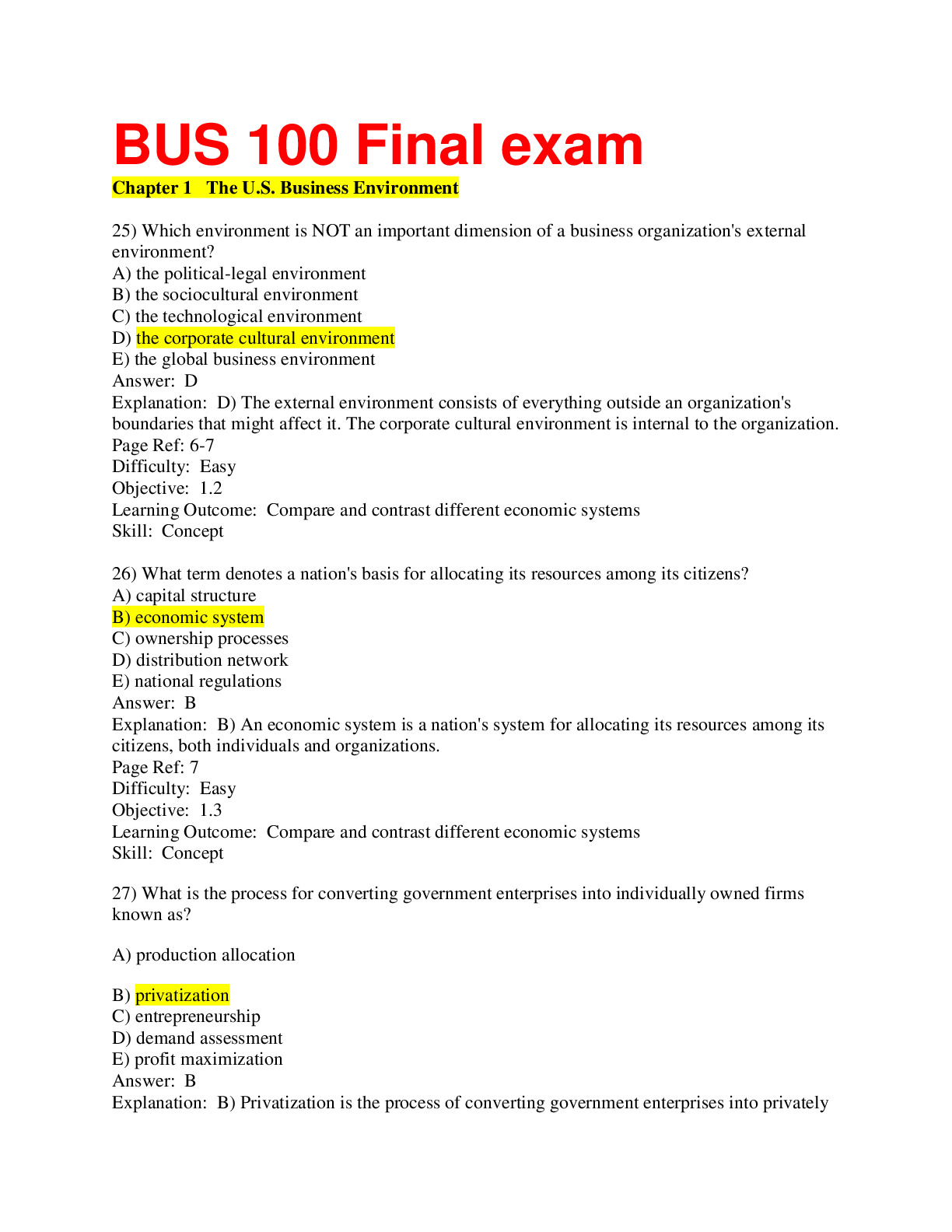 BUS 100 Final Exam Test Bank (Chapter 1 To 16) All Questions With Correct Answers (Updated Version)